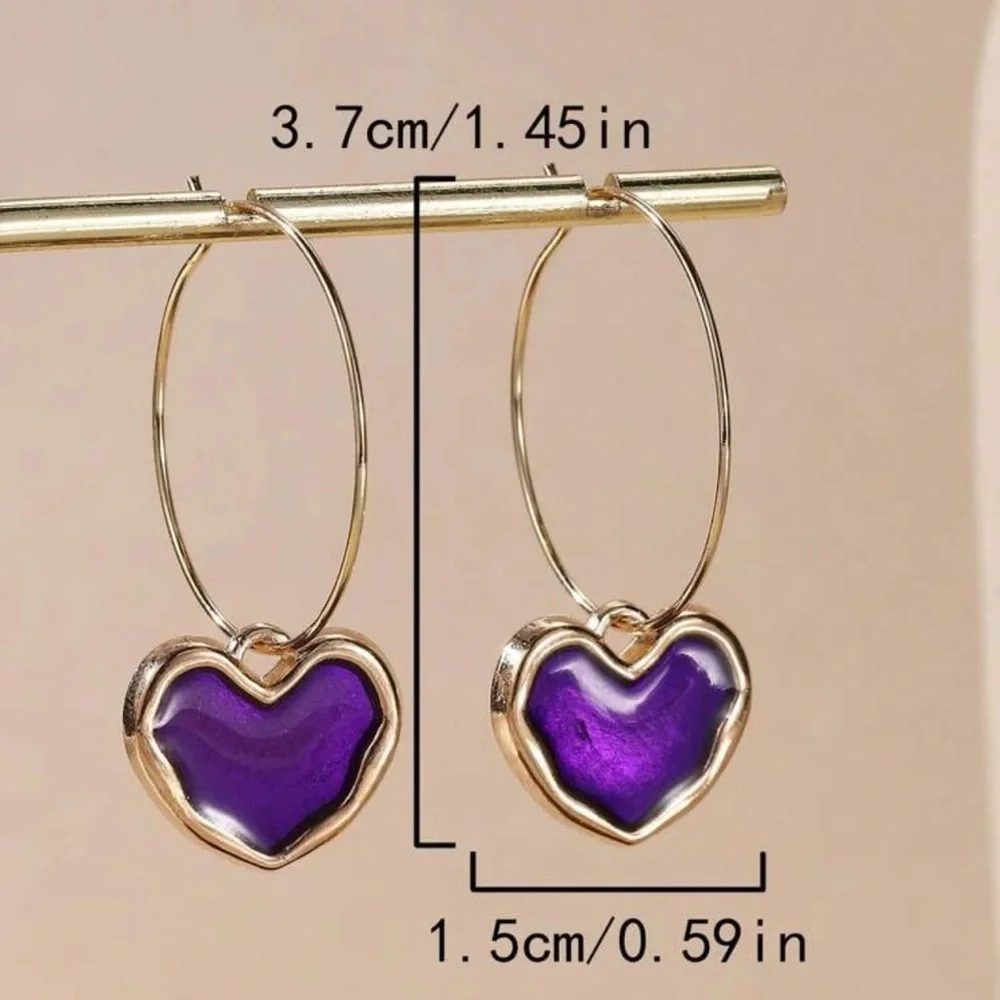 Gold Tone Heart Hoop Earrings with Purple Charm Dangle